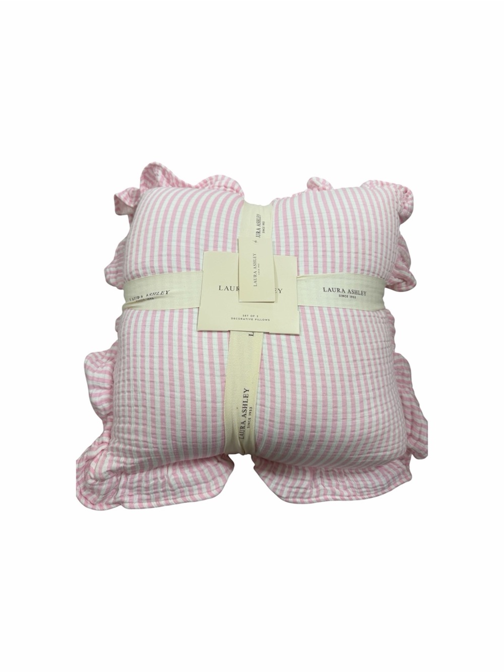 2 PINSTRIPE Laura Ashley Pink Ruffle Edge Decorative Pillows ~ Charming